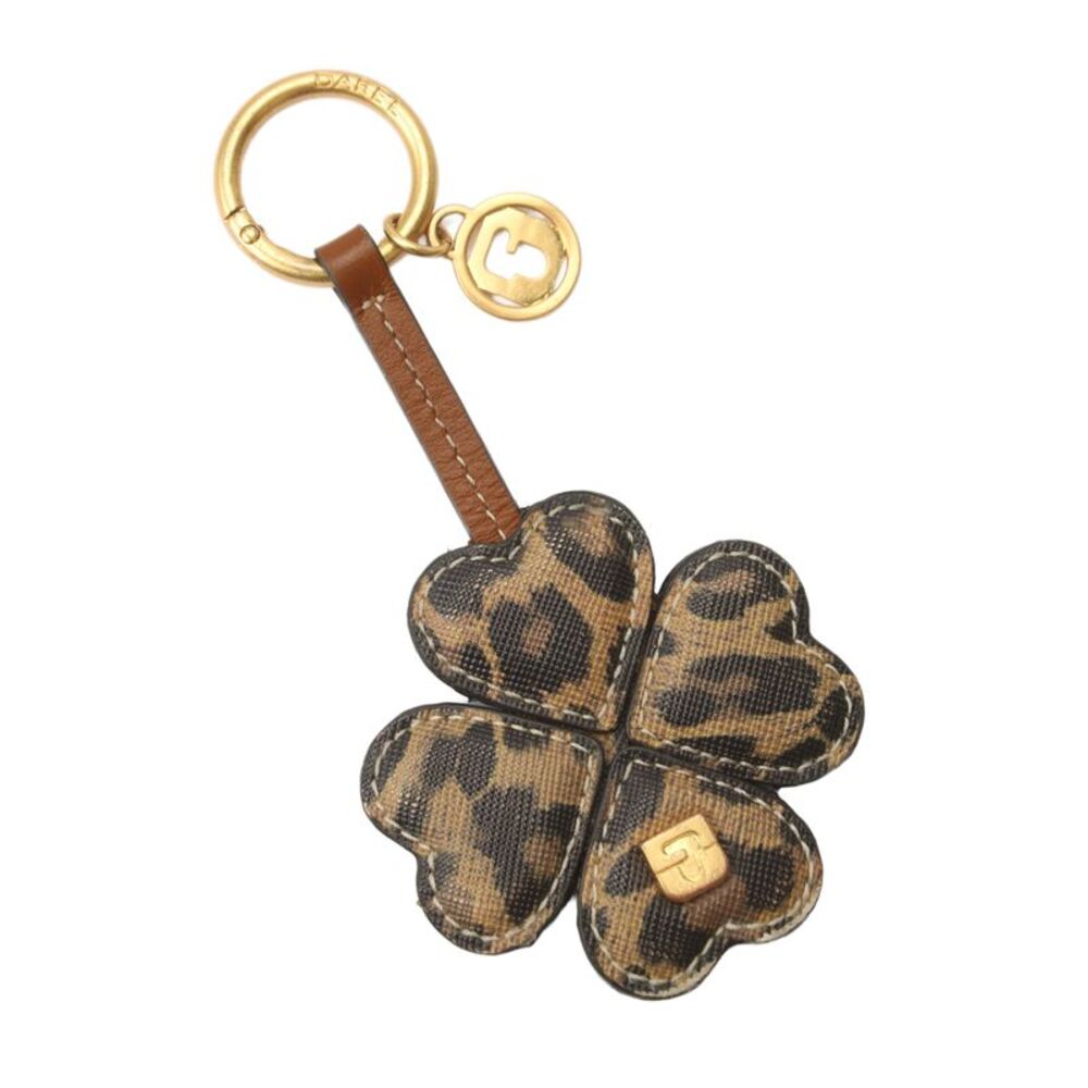 Gerard Darel Womens Gold Tone Leopard Print Leather Clover Bag Charm 5.5"